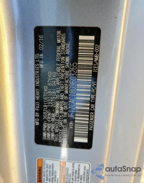 2016 Subaru Brz 2.0 Limited из США, поврежденный, VIN JF1ZCAC18G9603265